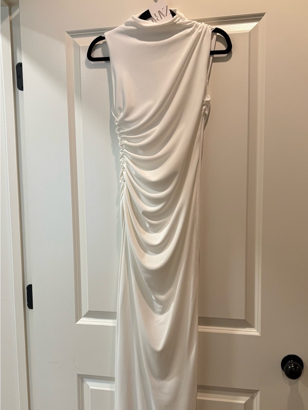 Zara White Ruched Draped Maxi Dress